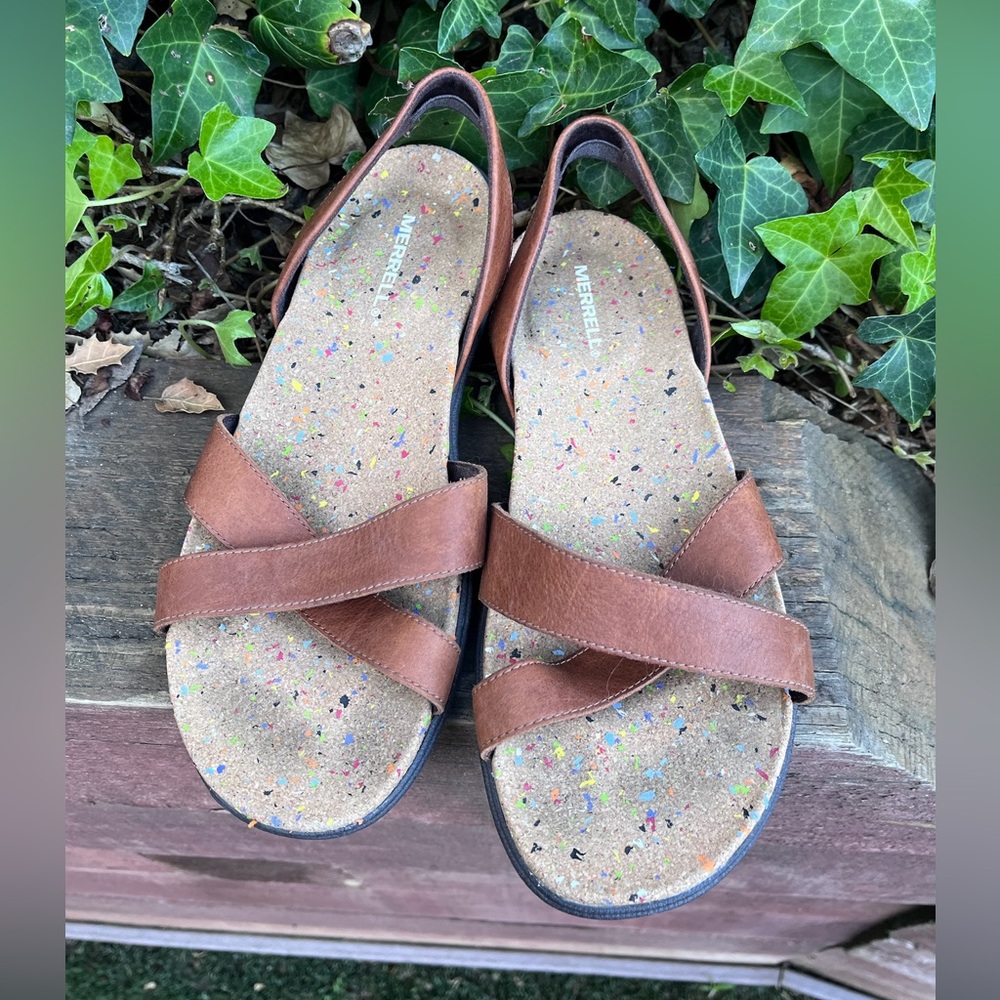 Merrell Brown Leather Cross-Strap Slingback Sandals